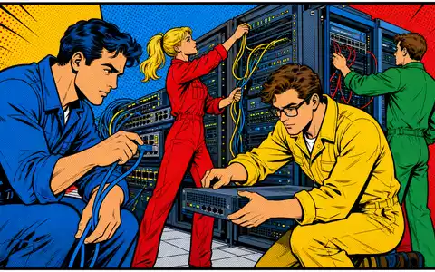 Broadcom Inc. (US11135F1012): farbenfrohe Pop-Art-Comic-Szene zeigt Ingenieure bei der Arbeit an Netzwerk-Server-Racks - Foto: THN
