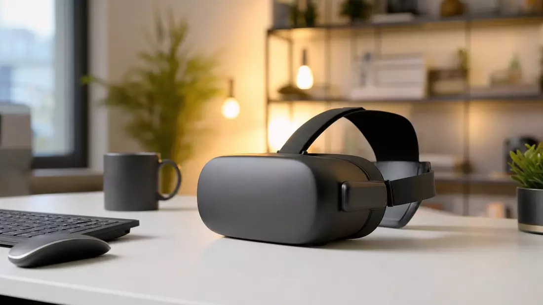 Eine unbeschriftete Virtual-Reality-Brille liegt auf einem hellen Schreibtisch mit Tastatur und Tasse, warmes Bokeh-Licht im Hintergrund symbolisiert Meta Platforms' Fokus auf immersive Technologie