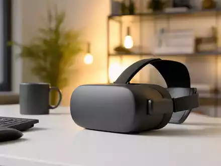 Meta Platforms US30303M1027 zeigt eine generische VR Brille auf einem modernen Tech Schreibtisch - Foto: THN