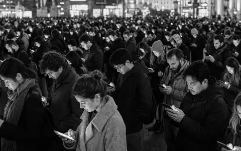 Meta Platforms US30303M1027 dokumentiert Menschenmenge mit Smartphones in schwarz weißer Reportage Fotografie - Foto: THN