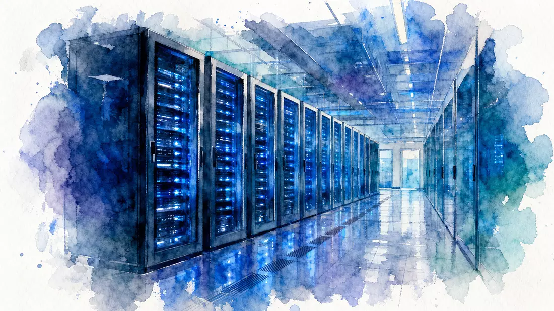 Expressives Aquarell eines Rechenzentrum-Gangs mit leuchtend blauen Serverracks und transparenten Farbwäschen auf weißem Papier – symbolisiert die Cloud-Infrastruktur hinter Meta Platforms' digitalen Diensten
