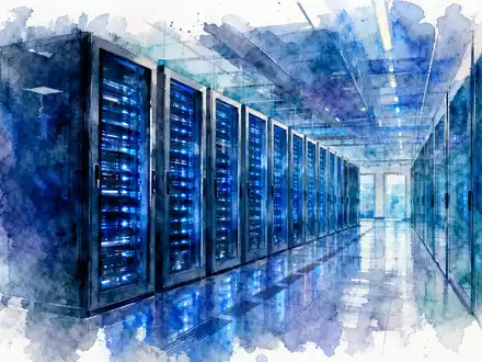 Meta Platforms US30303M1027 als Aquarell eines modernen blauen Rechenzentrums mit leuchtenden Serverreihen - Foto: THN
