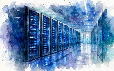 Meta Platforms US30303M1027 als Aquarell eines modernen blauen Rechenzentrums mit leuchtenden Serverreihen - Foto: THN
