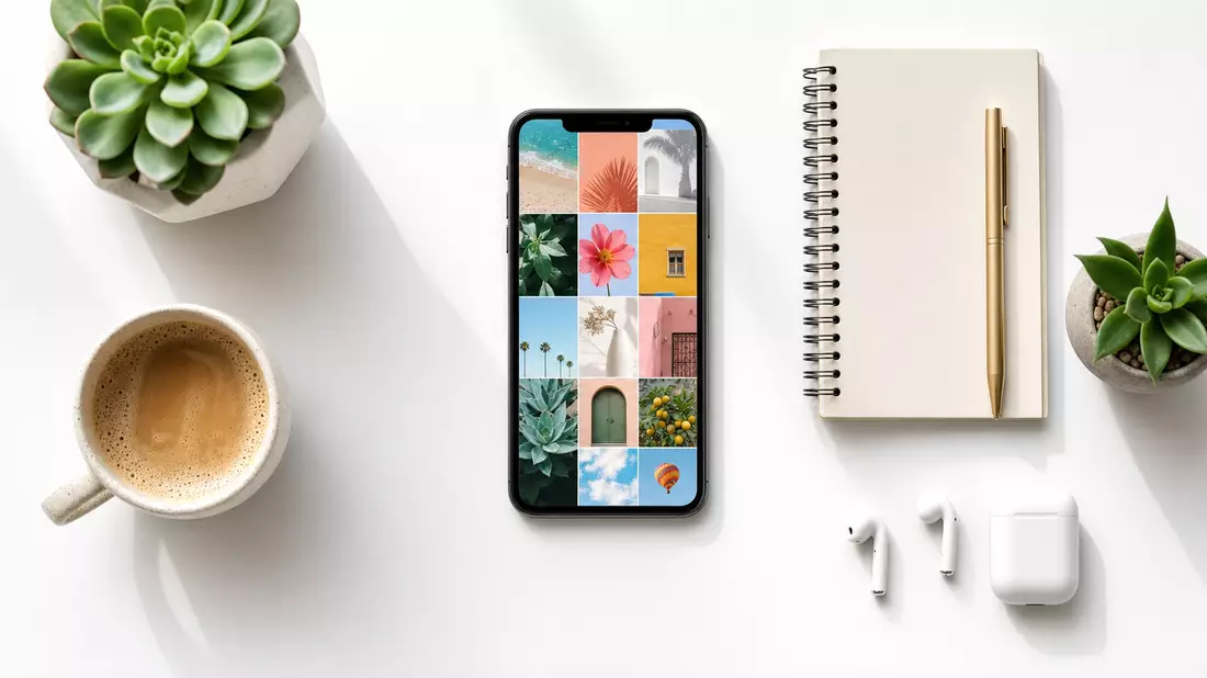 Draufsicht-Flatlay auf weißer Fläche: ein Smartphone mit abstraktem Foto-Kachel-Raster liegt neben K