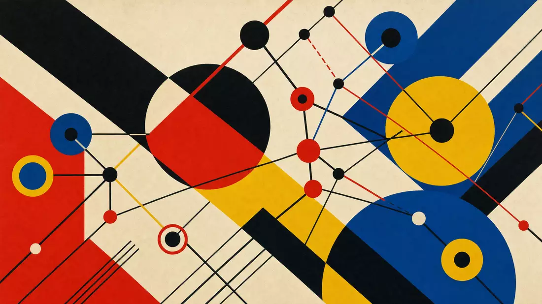 Bauhaus-Grafik mit kräftigen geometrischen Formen in Primärfarben Rot, Gelb und Blau: vernetzte Kreise und Linien symbolisieren digitale Konnektivität – eine modernistische Interpretation von Meta Platforms' Netzwerkgedanken