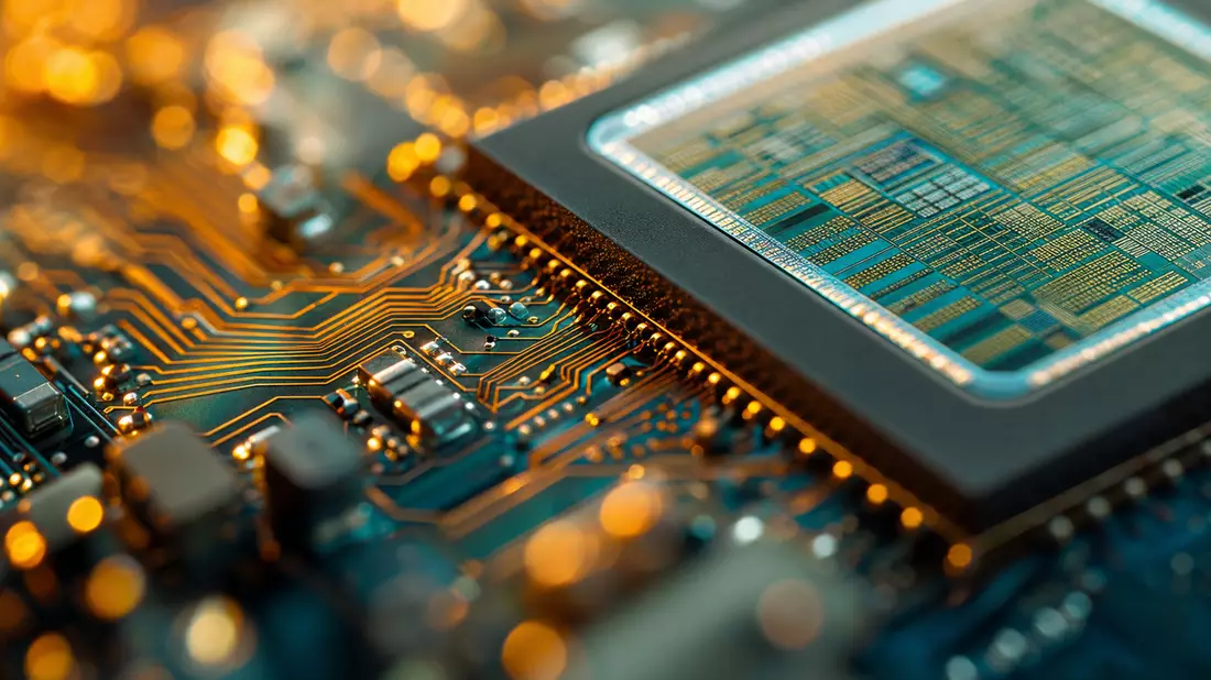 Extreme Makroaufnahme eines modernen Prozessorchips auf einer Leiterplatte mit goldenen Kupferleiterbahnen, warmgoldenem und türkisem Licht – versinnbildlicht Meta Platforms' massive KI-Forschungsinvestitionen