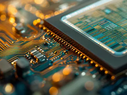 Meta Platforms US30303M1027 zeigt extreme Makrofotografie eines KI Prozessor Chips auf goldener Leiterplatte - Foto: THN