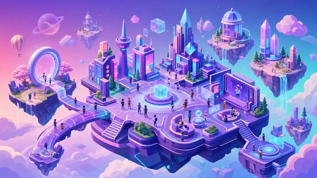 Isometrische 3D-Illustration einer futuristischen digitalen Metaverse-Welt mit schwebenden Plattformen, bunten generischen Avatar-Figuren und geometrischen Gebäuden in Lila-Pink-Tönen – ein Bild für Meta Platforms' Metaverse-Vision