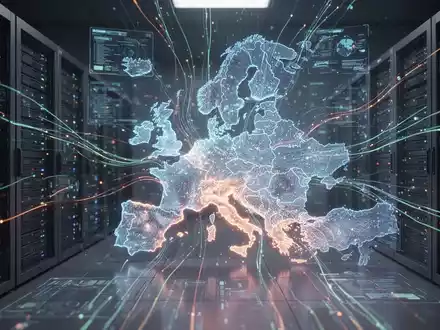 Abstrakte, leuchtende Karte Europas aus digitalen Linien und Licht, umgeben von Server-Racks und Datenströmen, symbolisiert digitale Autonomie. - Foto: über boerse-global.de