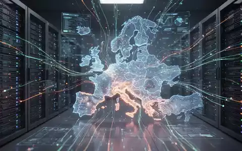 Abstrakte, leuchtende Karte Europas aus digitalen Linien und Licht, umgeben von Server-Racks und Datenströmen, symbolisiert digitale Autonomie. - Foto: über boerse-global.de