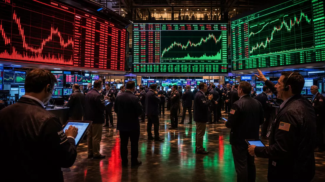 Dramatische Börsensaal-Fotografie mit Händlern vor riesigen digitalen Anzeigetafeln voller Candlestick-Charts in Rot und Grün – repräsentiert Meta Platforms' Präsenz als NASDAQ-Technologietitel