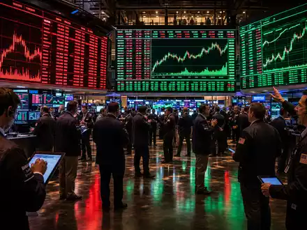 Meta Platforms US30303M1027 im Börsen Editorial mit HĂ€ndlern vor groĂen digitalen Kursanzeigen - Foto: THN