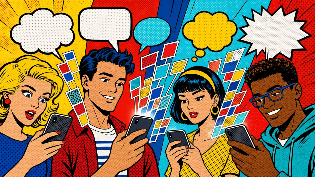 Farbenfrohe Pop-Art-Illustration im Lichtenstein-Stil: diverse Comicfiguren halten generische Smartp
