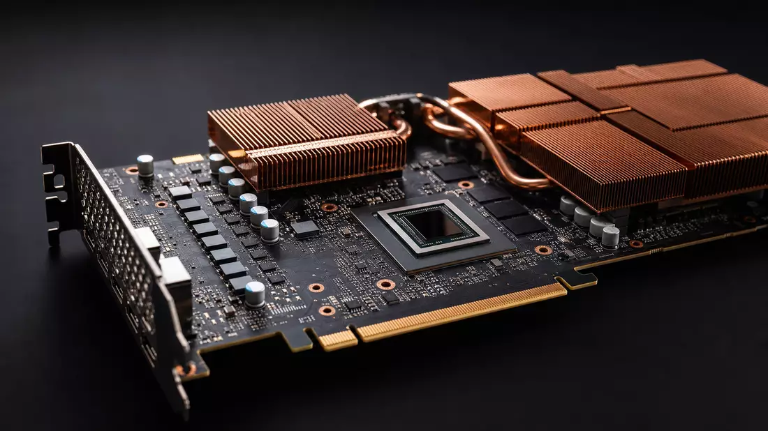 Fotorealistische Nahaufnahme einer generischen Grafikkarte mit schwarzem PCB, Kupfer-Kühlrippen und elektronischen Bauteilen auf dunklem Hintergrund