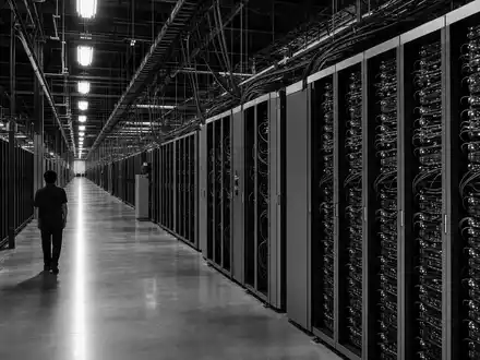 Nvidia US67066G1040 riesiges KI-Rechenzentrum in dramatischer Schwarz-Weiß-Reportage mit langen endlosen dunklen Serverreihen - Foto: THN