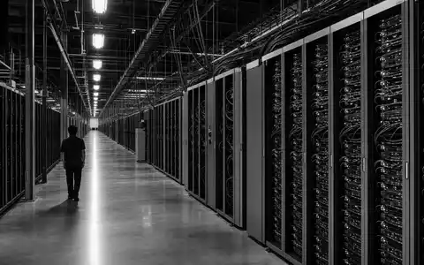 Nvidia US67066G1040 riesiges KI-Rechenzentrum in dramatischer Schwarz-Weiß-Reportage mit langen endlosen dunklen Serverreihen - Foto: THN