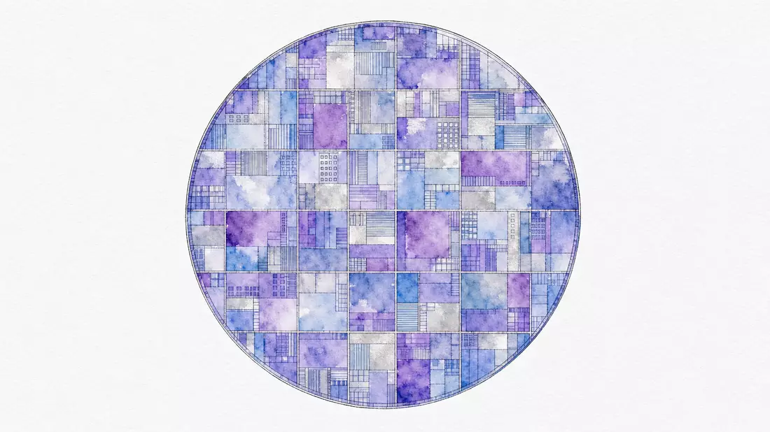 Aquarellillustration eines runden Halbleiter-Wafers mit geometrischen Chip-Die-Mustern in sanften Bl