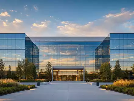 Nvidia US67066G1040 modernes Glas-Campus-Gebäude in Santa Clara im warmen goldenen Abendlicht symmetrisch fotografiert - Foto: THN