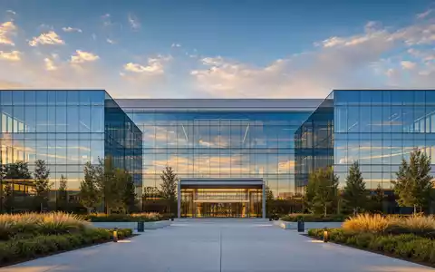 Nvidia US67066G1040 modernes Glas-Campus-Gebäude in Santa Clara im warmen goldenen Abendlicht symmetrisch fotografiert - Foto: THN
