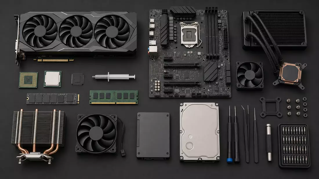 Vogelperspektive-Flatlay generischer Computerhardware-Komponenten auf mattschwarzem Hintergrund: GPU