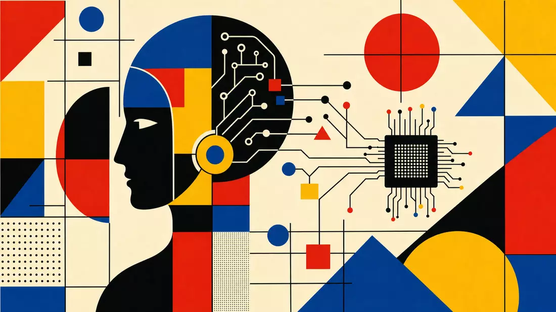 Bauhaus-Poster-Illustration mit geometrischen Formen in Primärfarben, abstraktem KI-Kopf mit Schaltkreisen und Chips auf cremeweißem Hintergrund im Modernismus-Stil der 1920er