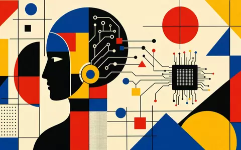 Nvidia US67066G1040 KI-Abstraktion als geometrisches Bauhaus-Poster in leuchtenden Primärfarben mit abstrakten Schaltkreiselementen - Foto: THN