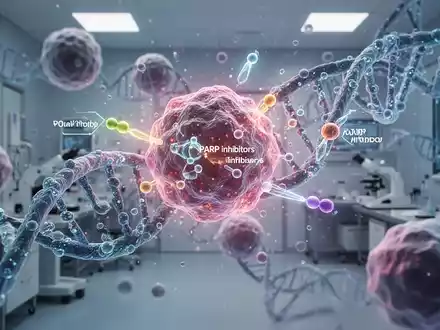 Mikroskopische Ansicht von Ovarialkarzinomzellen, umgeben von abstrakt leuchtenden DNA-Strängen und gezielten Therapiemolekülen. - Foto: über boerse-global.de