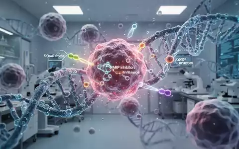 Mikroskopische Ansicht von Ovarialkarzinomzellen, umgeben von abstrakt leuchtenden DNA-Strängen und gezielten Therapiemolekülen. - Foto: über boerse-global.de