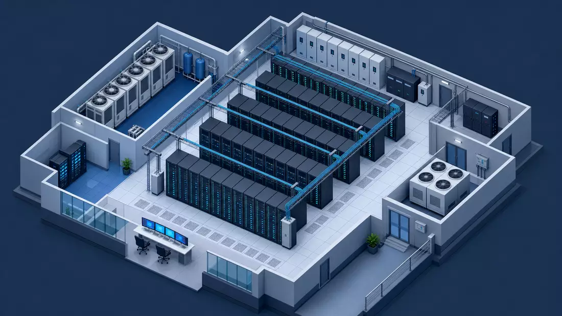 Isometrische 3D-Illustration eines modernen KI-Rechenzentrums mit Serverreihen, Kühlsystemen und Kabeltrassen in einer Draufsicht im 45-Grad-Winkel, blaue Farbpalette