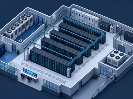 Nvidia US67066G1040 KI-Rechenzentrum als detaillierte isometrische 3D-Illustration mit Serverreihen in kühlen Blautönen - Foto: THN