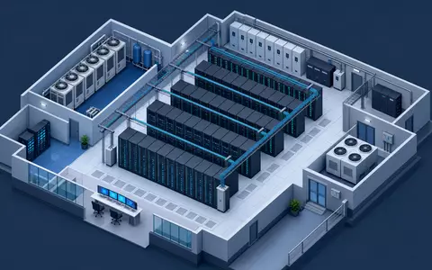 Nvidia US67066G1040 KI-Rechenzentrum als detaillierte isometrische 3D-Illustration mit Serverreihen in kühlen Blautönen - Foto: THN