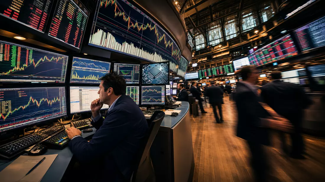 Editorial-Fotografie eines Börsenhändlers an einem Mehrfach-Monitor-Arbeitsplatz mit grünen und roten Candlestick-Charts, lebhaftem Handelsraum im Hintergrund mit Bewegungsunschärfe