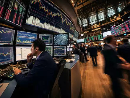 Nvidia US67066G1040 Börsenhändler analysiert NASDAQ-Technologiekurscharts konzentriert auf mehreren Monitoren im redaktionellen Editorial-Stil - Foto: THN
