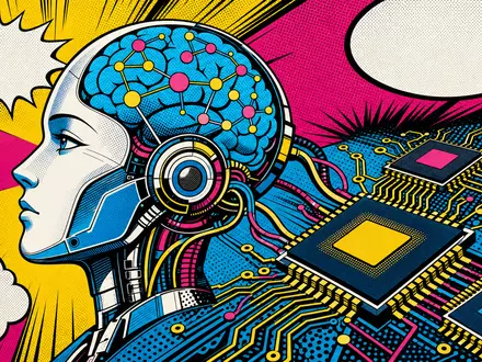 Nvidia US67066G1040 KI-Roboterkopf mit neuralem Netz und Chip-Platine im Pop-Art-Comic-Stil nach Lichtenstein - Foto: THN