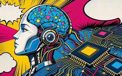 Nvidia US67066G1040 KI-Roboterkopf mit neuralem Netz und Chip-Platine im Pop-Art-Comic-Stil nach Lichtenstein - Foto: THN