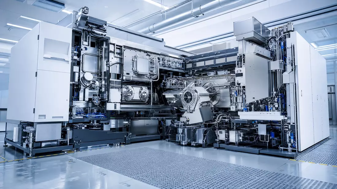 Fotorealistische Aufnahme einer generischen EUV-Lithographiemaschine in einem hellen Halbleiter-Rein