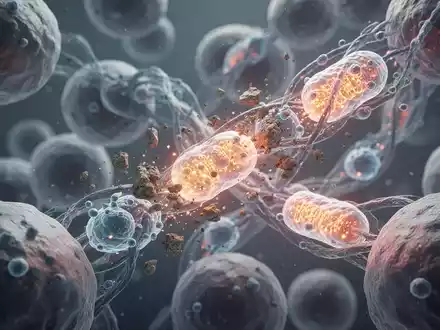 Mikroskopische Ansicht menschlicher Zellen, in denen Immunzellen Zellschrott beseitigen und Mitochondrien sichtbar sind. - Foto: über boerse-global.de