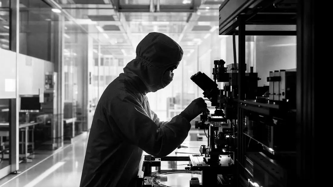 Schwarzweiße Reportagefotografie eines Halbleiter-Reinraum-Technikers im Schutzanzug, der konzentrie