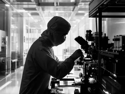 ASML NL0010273215 Schwarz Weiß Reportage zeigt Reinraum Techniker an optischer Präzisionsausrüstung im Labor - Foto: THN