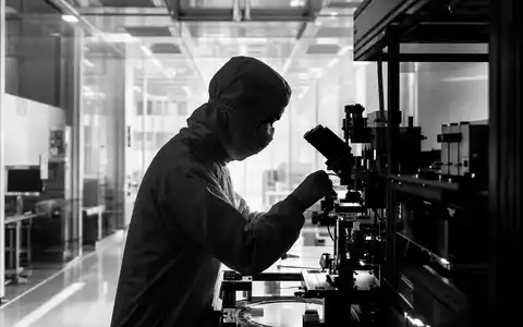 ASML NL0010273215 Schwarz Weiß Reportage zeigt Reinraum Techniker an optischer Präzisionsausrüstung im Labor - Foto: THN