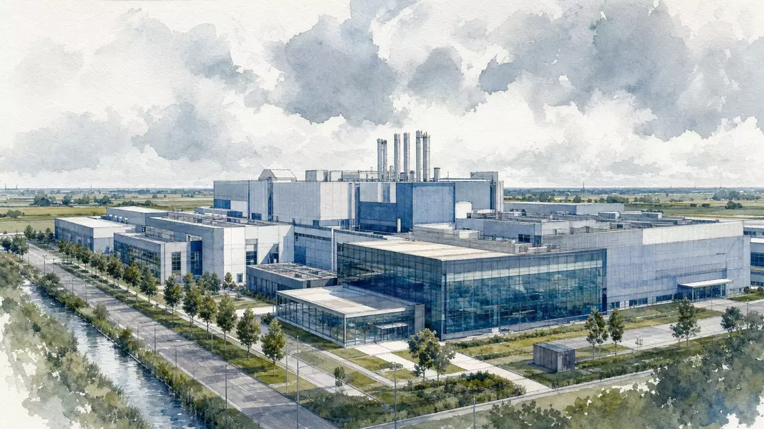 Aquarellmalerei eines modernen Halbleiter-Industriekomplexes in den Niederlanden mit blau-grauen Farbtönen, Glasfassaden und flacher holländischer Landschaft