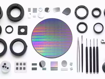 ASML NL0010273215 Flatlay Produktfoto mit Silizium Wafer und Photolithographie Optiken auf weißem Hintergrund - Foto: THN