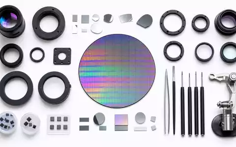ASML NL0010273215 Flatlay Produktfoto mit Silizium Wafer und Photolithographie Optiken auf weißem Hintergrund - Foto: THN
