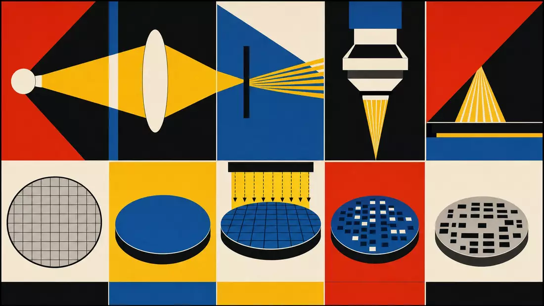Abstraktes Bauhaus-Konstruktivismus-Poster in Primärfarben Rot Gelb Blau Schwarz, das den Photolithographieprozess mit geometrischen Formen und Lichtstrahlen darstellt