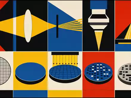 ASML NL0010273215 Bauhaus Poster abstrahiert Photolithographie Prozess in konstruktivistischen Primärfarben Rot Blau - Foto: THN