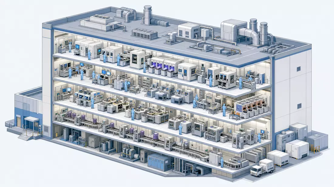 Isometrische 3D-Illustration eines mehrstöckigen Halbleiter-Reinraumgebäudes im Querschnitt mit miniaturisierten Technikerfiguren und Produktionsanlagen
