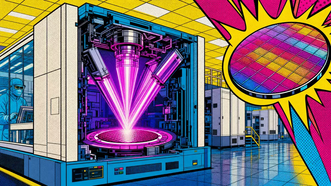 Pop-Art-Comic-Illustration im Lichtenstein-Stil einer EUV-Lithographiemaschine mit leuchtenden Laserstrahlen, Halbtonpunkten und kräftigen Farben in Magenta, Cyan und Gelb