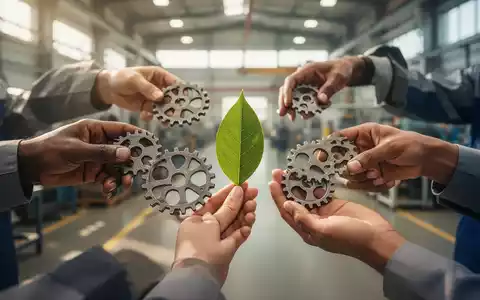 Hände halten Zahnräder und ein Blatt, symbolisierend die Flexibilisierung des Arbeitsmarktes und die Balance zwischen Wirtschaft und Umwelt. - Foto: über boerse-global.de