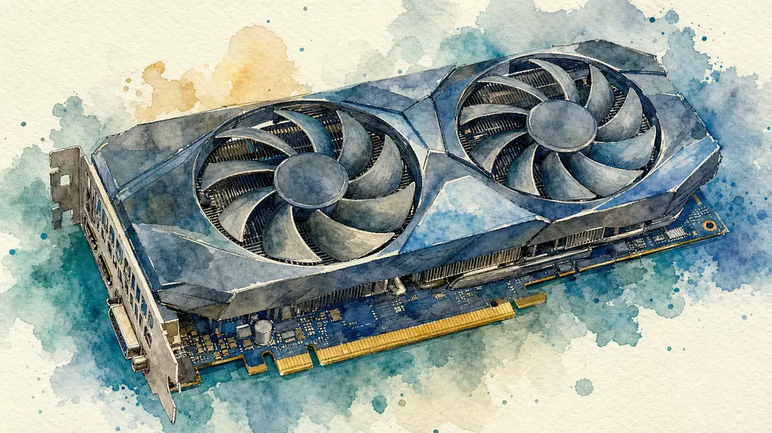 Aquarell-Illustration einer generischen GPU-Grafikkarte mit doppeltem Lüfter in blauen und goldenen Farbtönen, expressiver Pinselstrich auf Papiergrund, kein Markenname