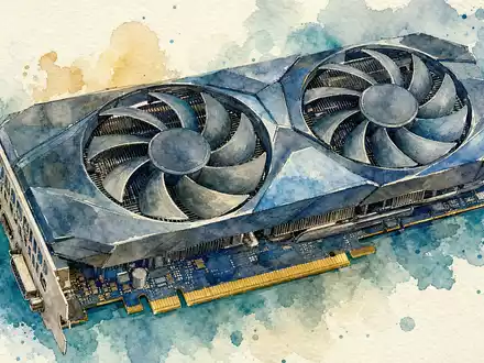AMD Grafikkarte ISIN US0079031078 als generische GPU in blauen und goldenen Aquarell Farbtönen - Foto: THN